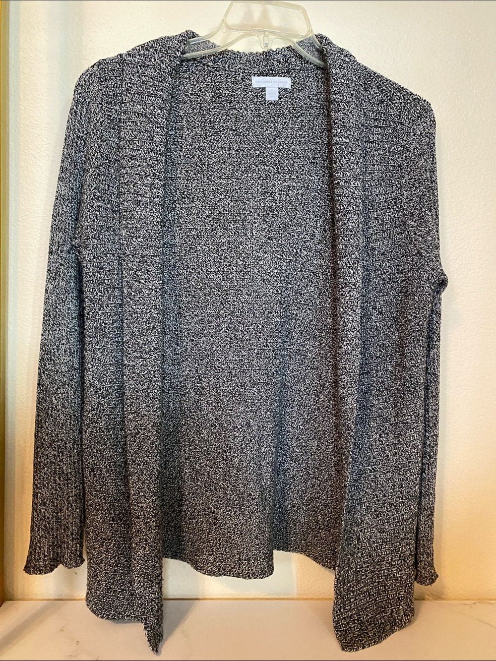 New York & Company Marled Black & White Open-Front Cardigan